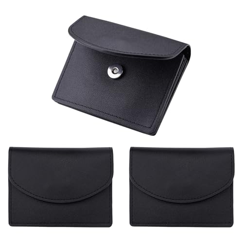 3 Pcs PU Leather Business Card Holders, Square Pocket Business Card Holder Wallet for Men with Metal Snap Button for Storing Change, Credit Cards, ID Cards (Black)