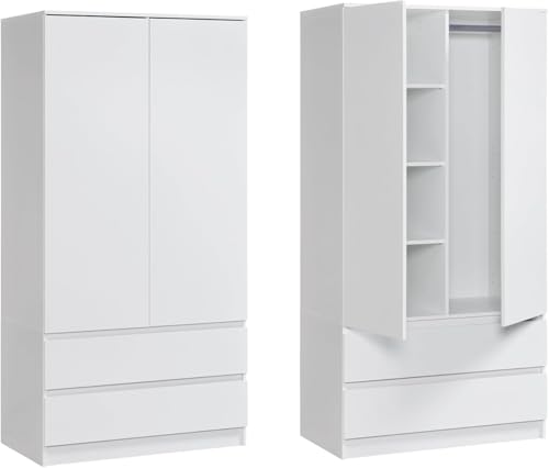 Armoire moderne blanc avec tiroirs, armoire à 2 portes avec étagères, barre pour penderie et 2 tiroirs pour chambre, chambre d'enfant, couloir, 90 x 51 x 182 cm...