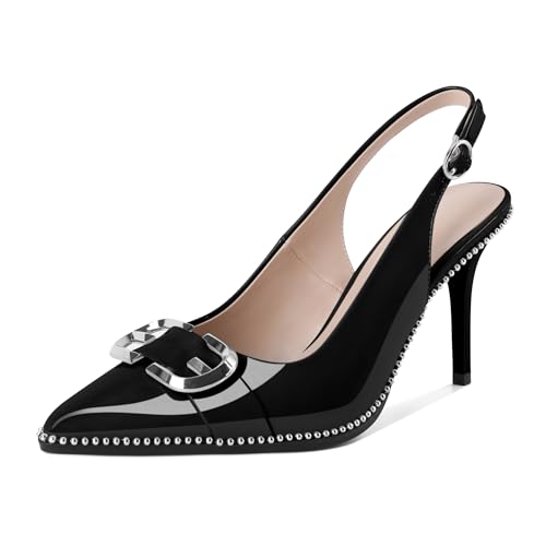 AUMOTED High Heels for Women Slingback Stiletto Shoes Trendy Sliver Beaded Pointey Toe Pump 3.5 Inch Elegant Dress Shoes Black Patent Leather US Size 8.5