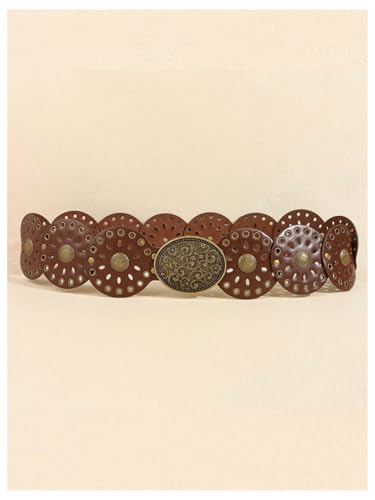 Image of RoseSeek Women's Cowgirl Boho Western Oval Waist Belt Hollow Out Studded Retro Belts Fashion Accessory Light Brown 80