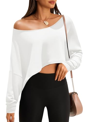 Fisoew Womens Off The Shoulder Cropped Tops Batwing Long Sleeve Loose Fit Summer Boat Neck Workout T Shirts White