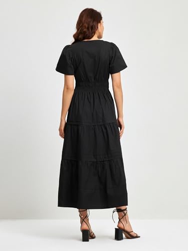 ShallWe Women's Black Summer Dress Casual Long Maxi Short Sleeve Layered Cotton V Neck A Line Flowy Dresses for Women 20254