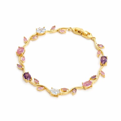 Image of H&K Jewels Tulip Bracelet with Multicolour Gemstones, Pink, Purple & Clear Oval Marquise Crystals, Korean Purple & Pink Gemstones, 18K Gold Plated, Anti-Tarnish & Waterproof, Gift for GF and Wife
