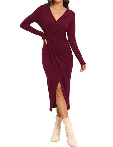 Hount Women's 2024 Fall V Neck Long Sleeve Sweater Dress Casual Ribbed Knit Bodycon Midi Cocktail Dress with Slit