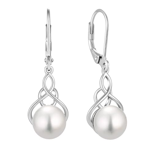Celtic Knot & Infinity Pearl Earrings for Women - 925 Sterling Silver Dangle Earrings, 9mm Freshwater Pearl Jewelry Gifts (White/Yellow/Rose Gold Plated)
