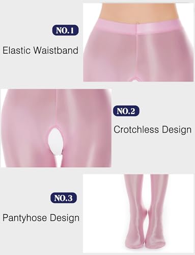 Image of FEOYA Women's Open Crotch Oil Shiny Pantyhose High Waist Control Top Silky Oily Crotchless Footed Tights Stockings