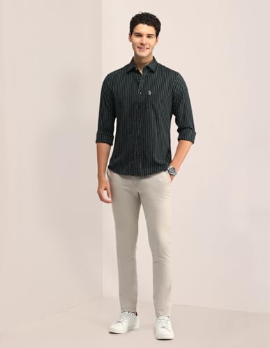 Image of U.S. Polo ASSN. Men's Green Striped Spread Collar Full Sleeve Casual Cotton Tailored Fit Shirt