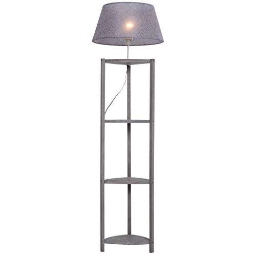 Homcom Lampadaire trépied Design scandinave dim. 46L x 46l x 159H cm 40 W Max. 4 étagères intégrées Bois Massif pin Abat-Jour Toile Lin Gris