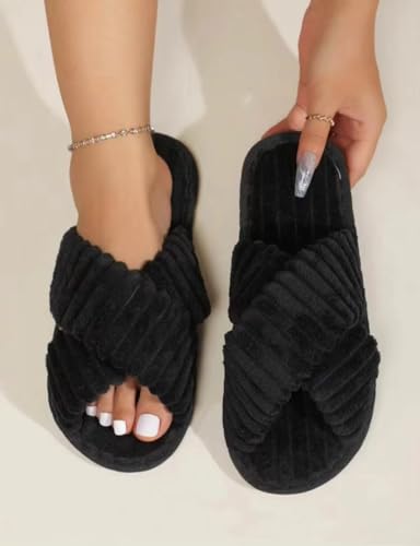 Image of SILENCIO Slippers for Women House Bedroom Furry Cross Bands Slide Shoes Anti-Skid Sole Open Toe Slippers Indoor & Outdoor