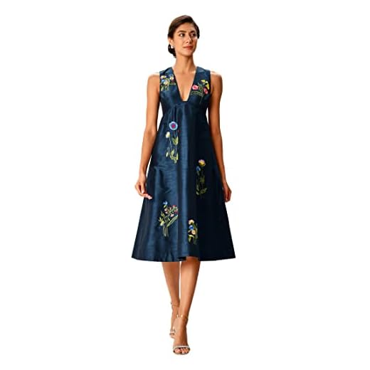 eShakti Women's Floral Embroidery Dupioni Empire Dress 2X-22W Deep Navy Multi