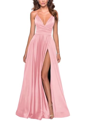 Image of Tvuyet Satin Bridesmaid Dresses with Slit Pleated A Line Spaghetti Straps Formal Prom Evening Gowns