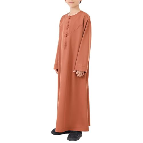 Arabic Thobe for Kids Boys Solid Long Sleeve Muslim Kaftan Robe Boys Crew Neck Button Islamic Thobe Prayer Clothes3