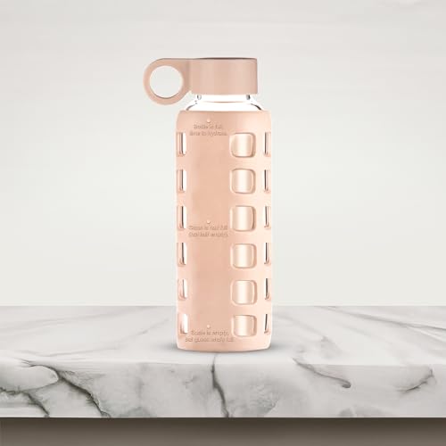 purifyou 40oz / 32oz / 22oz / 12oz Borosilicate Glass Water Bottle with Time & Volume Markers, Silicone Sleeve, Stainless Steel Lid | Reusable Glass Bottle for Water & Juice (12oz Hazelnut)