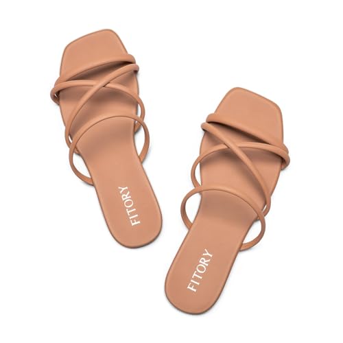 FITORY Women's Slide Sandals, Chic Cross-Strap & Comfy Flat shoes for Summer Camel Size 6