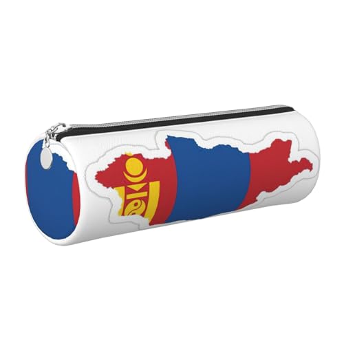 Estuche de piel con diseño de mapa de la bandera de Mongolia, respetuoso con el medio ambiente, piel de grano cruzado, cremallera suave, soporte cilíndrico de gran capacidad, Silver, Talla única