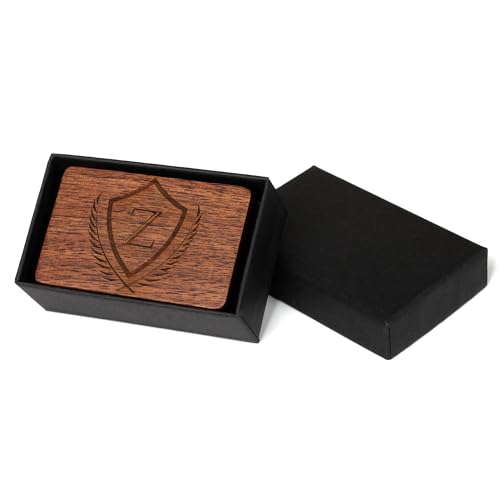 Image of Mens Initial Cufflinks and Tie Clip A-Z Alphabet Letter Black Stainless Cuff Links Tie Bar with Engraved Walnut Wood Box Groom Groomsman Wedding Set