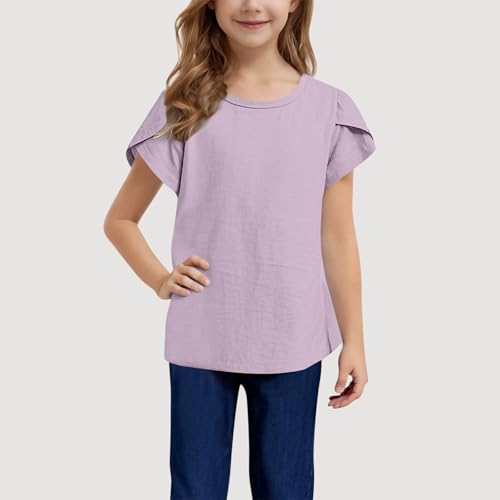 Girls T Shirt Short Sleeve Ruffle Shirt Cotton Linen Blend Solid Color Crewneck Tops Kids Girls Casual Summer Clothes2