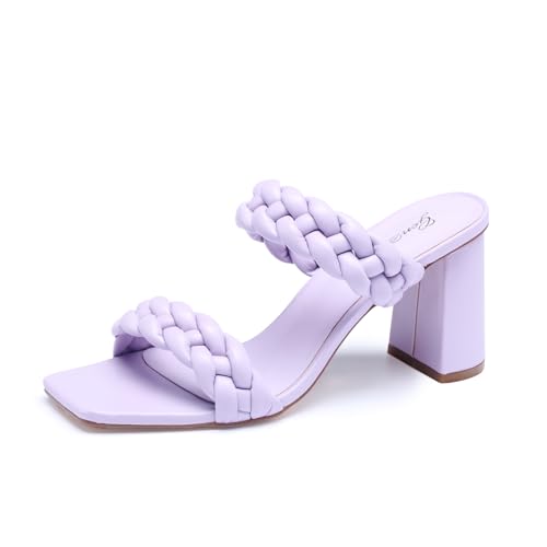 GENSHUO High Chunky Heels for Women Fashion Comfort Slip on Square Open Toe Block Heel Sandals Two Strap Backless Mules