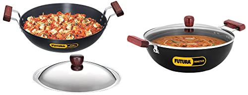 Image of Hawkins Futura 5 Litre Deep Kadhai with Glass Lid, Induction Kadai, Deep Fry Pan & Hard Anodised Deep-Fry Pan /Kadhai with Stainless Steel Lid, 4 Litre, 30 cm, 4.06 mm