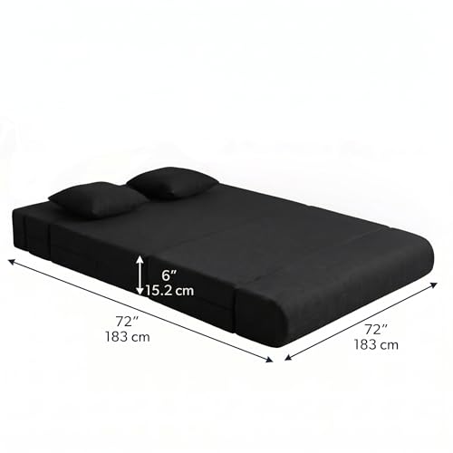 Image of Foldable Four Seater Sofa Bed 6 X 6 Ft Jute Fabric Washable Cover Sofa Cum Bed with Cushions Convertible Sofa Bed for Home (Black Color - Pre-Assembled)