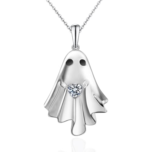 Halloween Ghost Necklace for Women S925 Sterling Silver Spooky Ghost Pendant With Heart Cz for Women Halloween Jewelry Gift