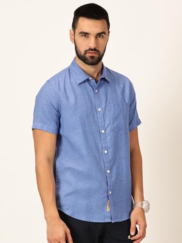 Image of Thomas Scott Men's | Solid | Linen Blend | Slim Fit | Short Sleeve | Spread Collar | Casual |Shirts for Men