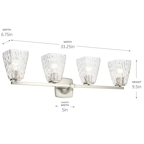 Image of Kichler Marant 33.25 inch 4-Light Bathroom Vanity Light Fixture with Clear Water Glass in Brushed Nickel, Modern Wall Mount Over Mirror for Powder Room (33.25 inch W x 9.5 inch H), 55217NIWTR