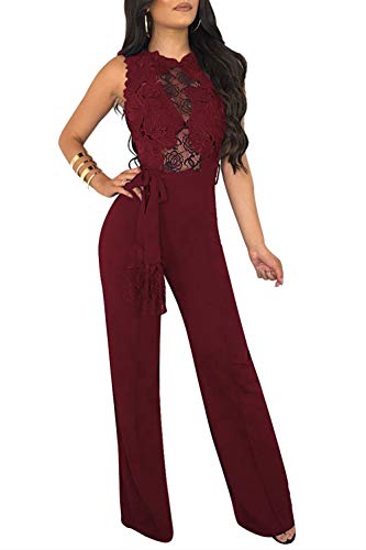 LROSEY Women's Sexy Lace Mesh See Through Sleeveless Jumpsuit High Waisted Wide Leg Long Pants Rompers with Tie Wine