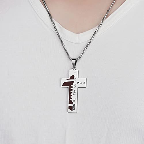 Susook Football Cross Necklace For Boys Bible Verse I Can Do All Things Stainless Steel Sport Pendant For Men(Silver) #TOP4