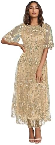 Flower Embroidery Tea Length Mother of The Bride Dresses Short Sl...