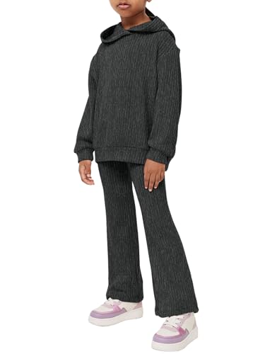 Image of Haloumoning Girls 2 Pieces Outfits Ribbed Knit Hoodies Flare Pants Sweatshirts and Sweatpants Kids Tracksuits 4-14 Years