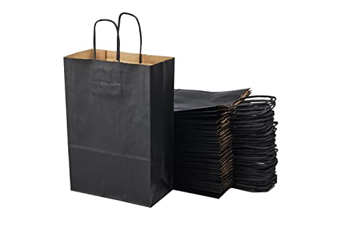 Lot de 50 Sacs Noirs Cabas en Papier Kraft avec Poignées - 20x10x29.2 cm - Sac de Courses/Emballage cadeau pour anniversaire, Noel, mariage.