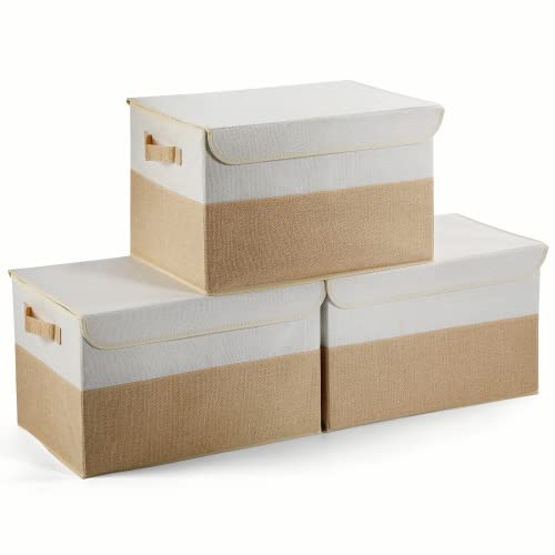 E-MANIS Faltbare Aufbewahrungsbox Aufbewahrungsboxen mit Deckel, Stoffaufbewahrungskorbwürfel mit Griffen zum Organisieren von Regal Kinderzimmer Schrank&Büro (3-Pack, Beige+Weiß) Cover