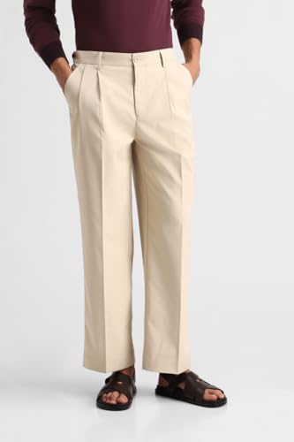 Image of SNITCH Men Trousers Formal Wear | Relaxed Fit Pleated Front Plain Design Straight Leg | Polyester Blend Medium-Stretch Fabric for Office & Professional Look