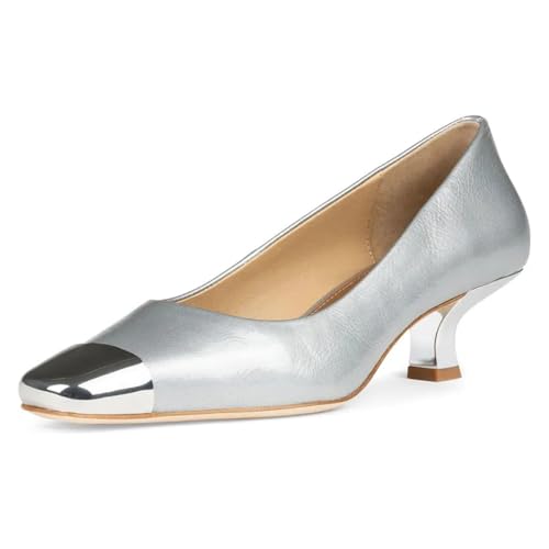 FSJ Women Comfort Cap Toe Kitten Low Heel Two-Tone Dress Pumps Slip On Square Closed Toe Casual Office Work Event Shoes Size 4-16 US