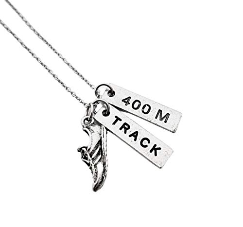 Pewter RUN TRACK 400M Necklace - Pewter Running Shoe Charm, Pewter TRACK Pendant and Pewter 400M Pendant on 18 inch Stainless Steel Cable Chain - All Pewter