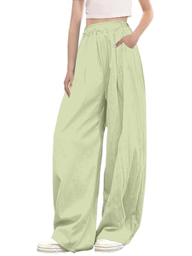 Image of SANGTREE Womens Wide Leg Pants Lightweight Casual Elastic High Waist Straight Leg Loose Trousers for Womens, Light Green, XL