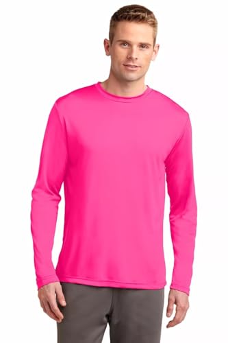 Clothe Co. Mens Long Sleeve Tee Shirts Moisture Wicking Dry Fit T-Shirts (Available in Big & Tall), L, Neon Pink
