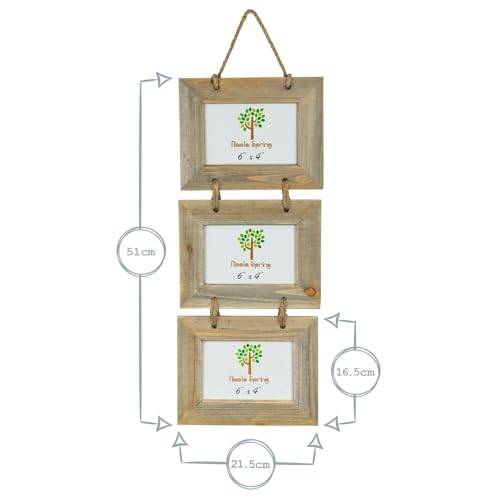 Nicola Spring Hanging 3-Photo Frame - Fits Photo Size 6 x 4 (15 x 10cm) - Pack of 1 - Rustic Natural Wooden Picture Frame Wall Mounted Landscape Orientation Rope Hanging Certificate Poster