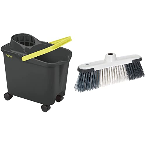 Mery 0325.32 fregona Ruedas giratorias | Cubo con escurridor Amplio | Resistencia máxima + 0731.01 Escoba antigolpes, Gris/Negro, 28.5x7.5x19.5 cm