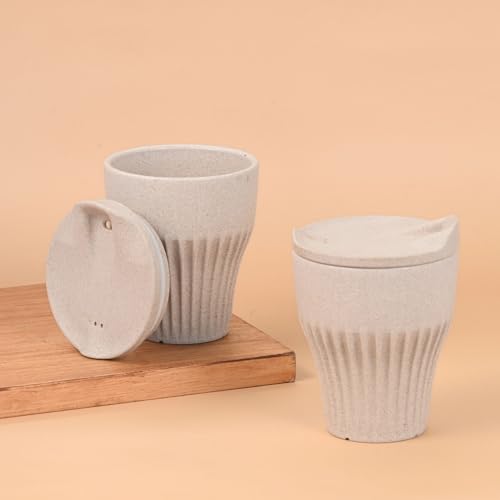 Image of Eha Earth Friendly Rafter Coffee Mug with Lid | Tea Cup Set | 300 ml | Made with Rice Husk | Microwave Safe Mugs for Gifting | 2 Unit | Sand Castle