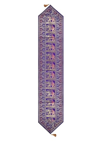 Image of Banarasi Brocade Zari Silk Table Runner Dinning & Centre Table Runner 177 By 30 CM (Purple, Elephant)