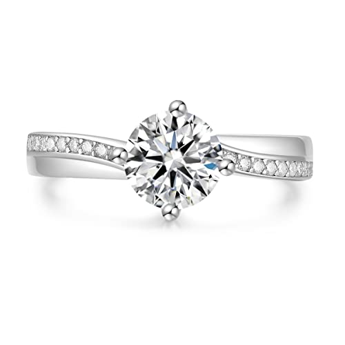 Center 1-1/2 Carat (ctw) Moissanite Stone Engagement Ring for Women Solitare with Accents Sterling Silver Ring for Women Twisting Ring for Women (Available in size 6, 7, 8, 9)