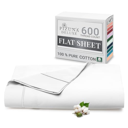 Pizuna Pure Combed Cotton Double Flat Sheet White, 600 Thread Count Long Staple Brushed Cotton Flat Sheets Double, Cool Sateen Weave Flat Sheet Double Bed (Cotton Flat Sheet Double 1 PC)