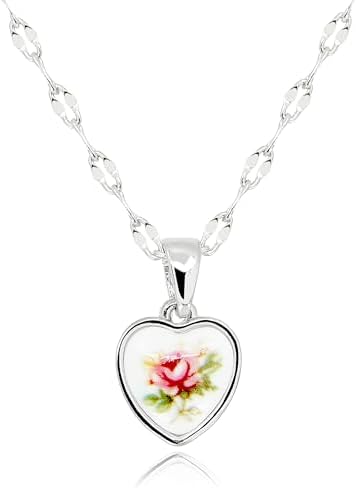QVY Antique Heart Pendant Necklace with Mirror Chain • Vintage Red Rose Flower Acrylic Resin Pendant • Oval Link Lip Chain Jewelry Gifts [HN-A-S]