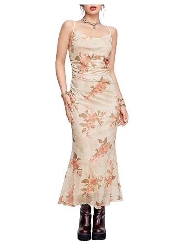 Image of SOLY HUX Women's Floral Mesh Bodycon Cami Dress Cowl Neck Sleeveless Cocktail Party Wedding Guest Long Maxi Dresses