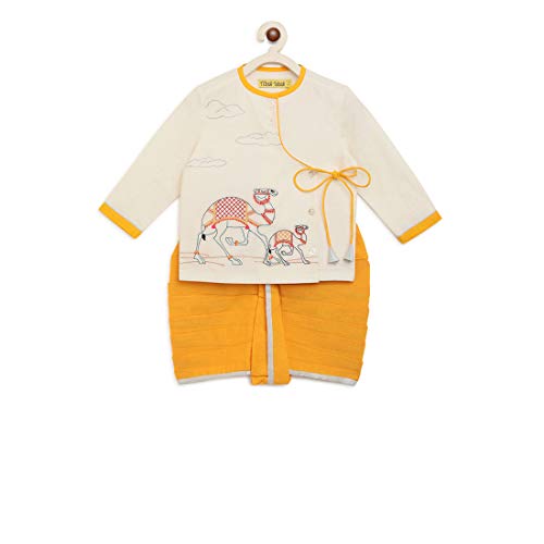 Baby Boy Cotton Embroidered Dhoti Set Camel (White, 1-2 Years)