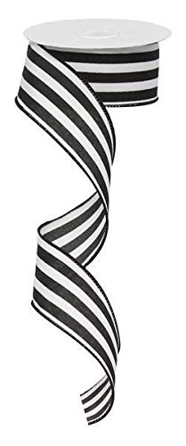Image of Black White Striped Satin Ribbon - 1 1 /2 inch x 10 Yards, Wired Edge, Christmas, Wreath, Tree Decoration, Garland, Gift Wrapping, Halloween