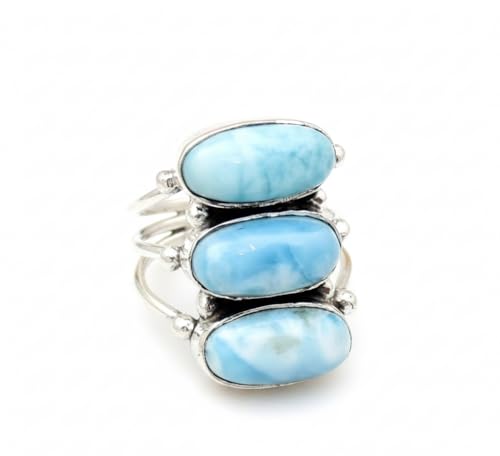 Natural Larimar Ring 925 Sterling Silver Handmade Three Stone Design Statement Gemstone Jewelry for Her (11)