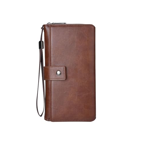 Carteira masculina de couro com zíper – Porta-cartões dobrável longo com fecho de zíper e proteção RFID, Marrom escuro